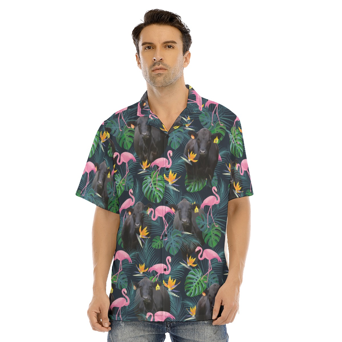 Tropical Flamingo Black Cow Hawaiian Shirt - variant image 1