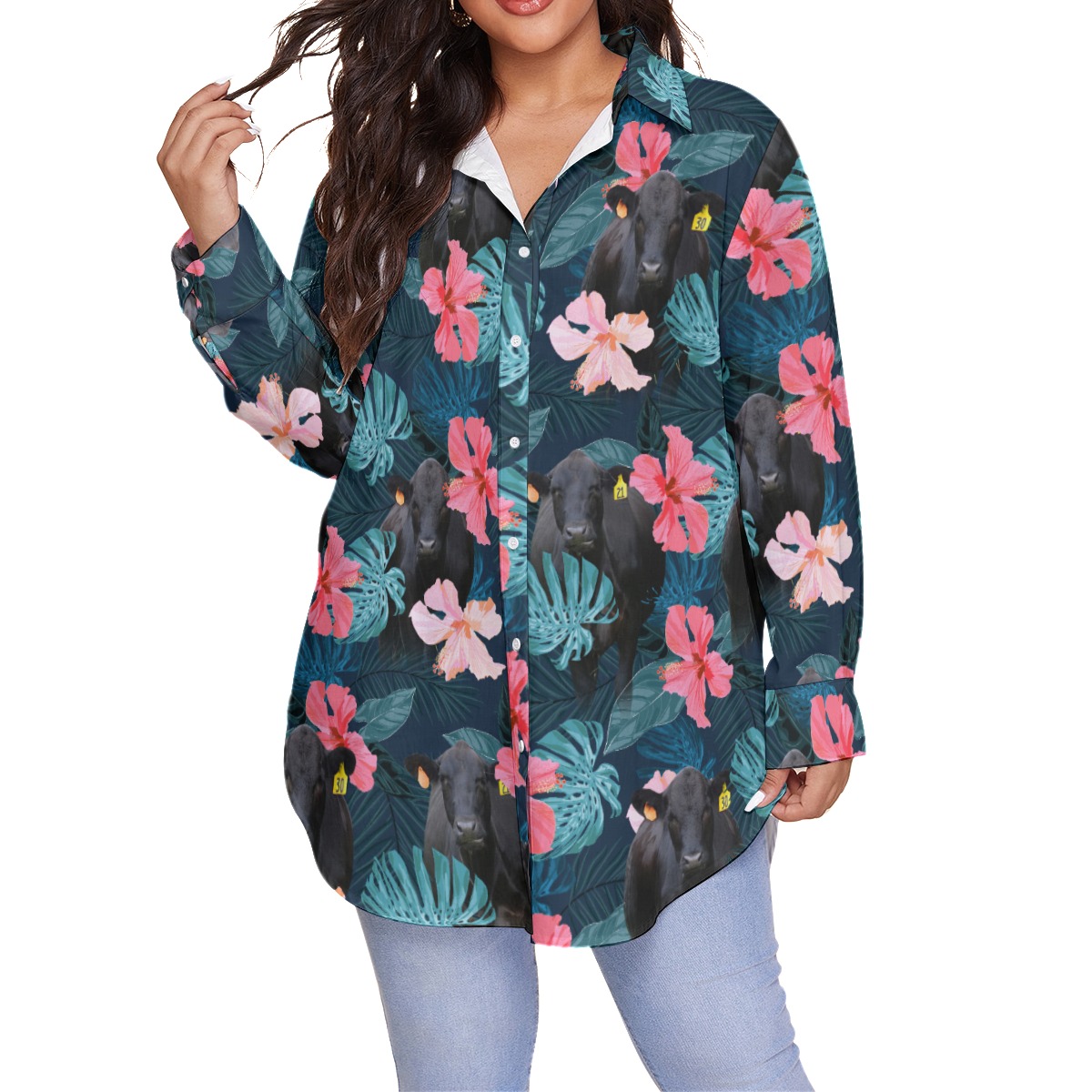Tropical Hibiscus Black Cow Hawaiian Plus Size Shirt For Women - variant image 1