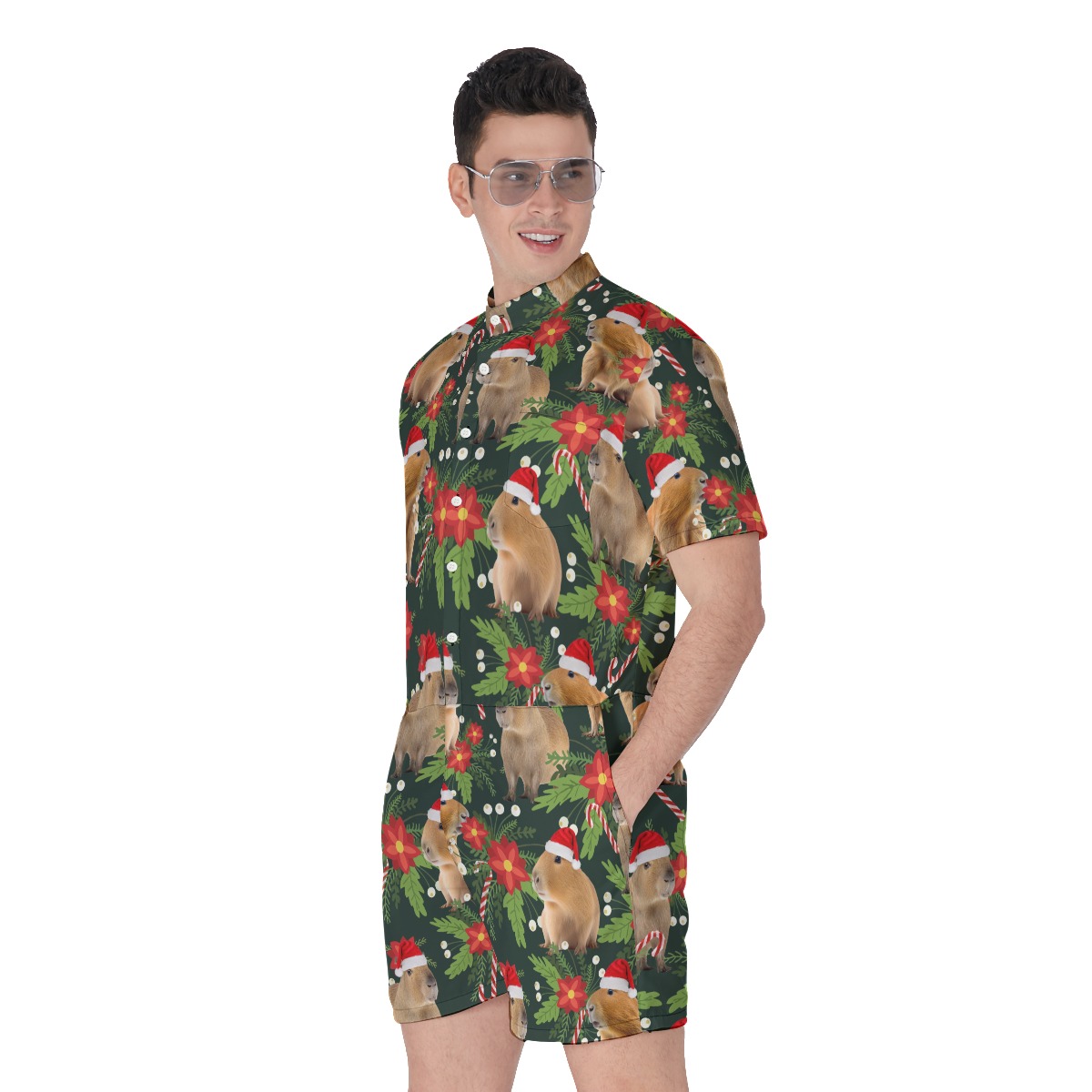 Christmas Capybara Tropical Hawaiian Romper For Men