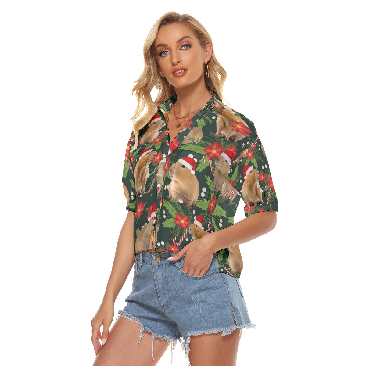 Funny Christmas Capybara Tropical Hawaiian Cropped Shirt For Women
