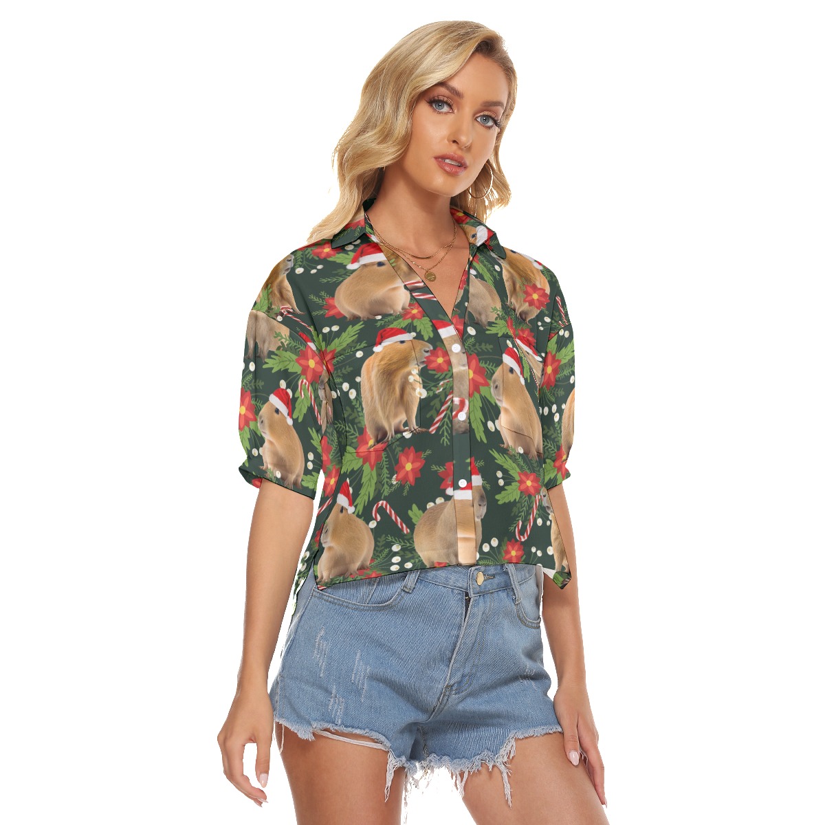 Funny Christmas Capybara Tropical Hawaiian Cropped Shirt For Women