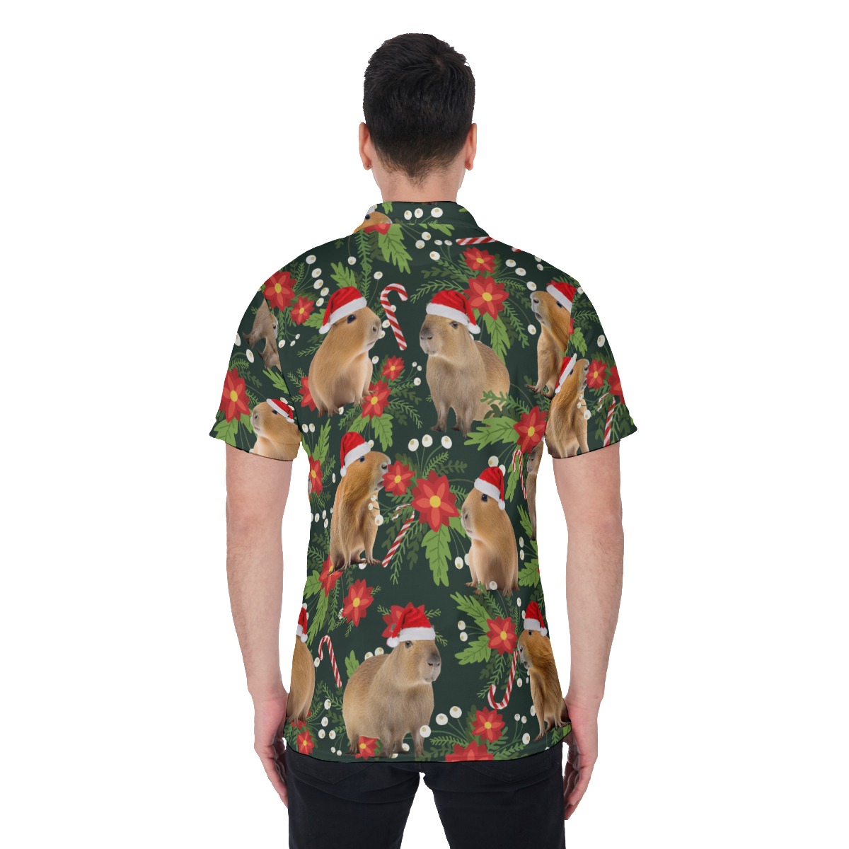 Christmas Capybara Floral Hawaiian Polo Shirt