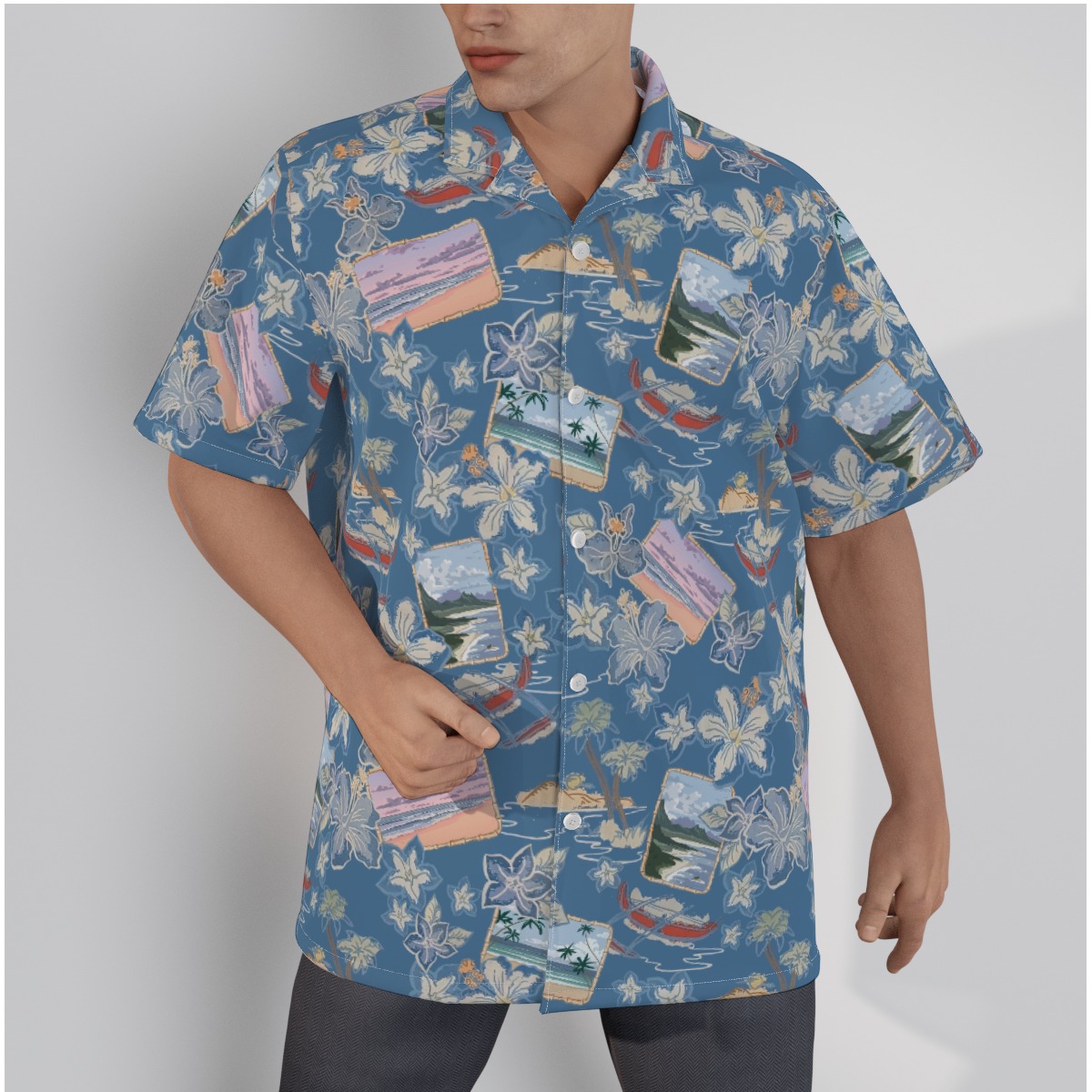 Classic Blue 100% Cotton Hawaiian Shirt Hawaii Beauty