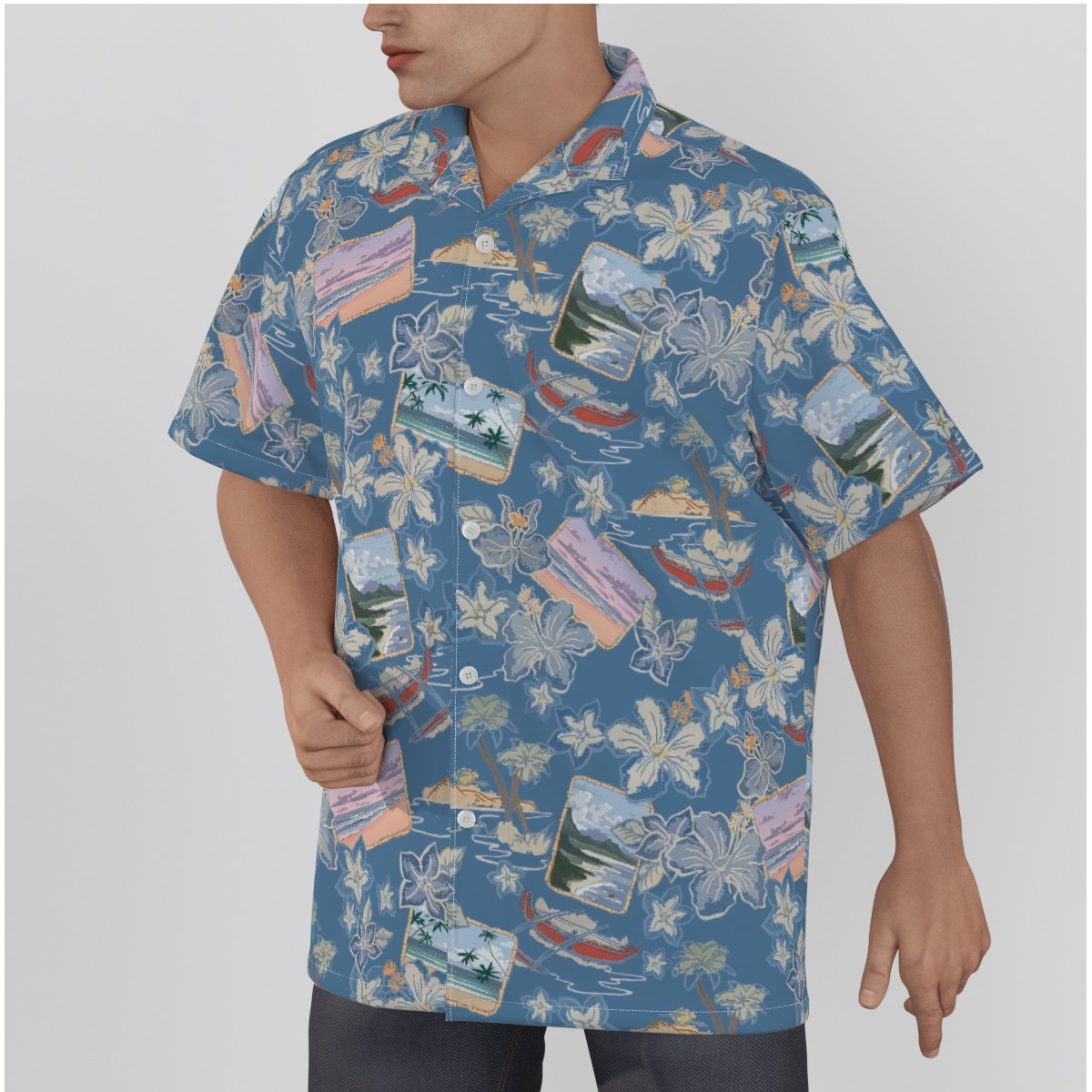 Classic Blue 100% Cotton Hawaiian Shirt Hawaii Beauty