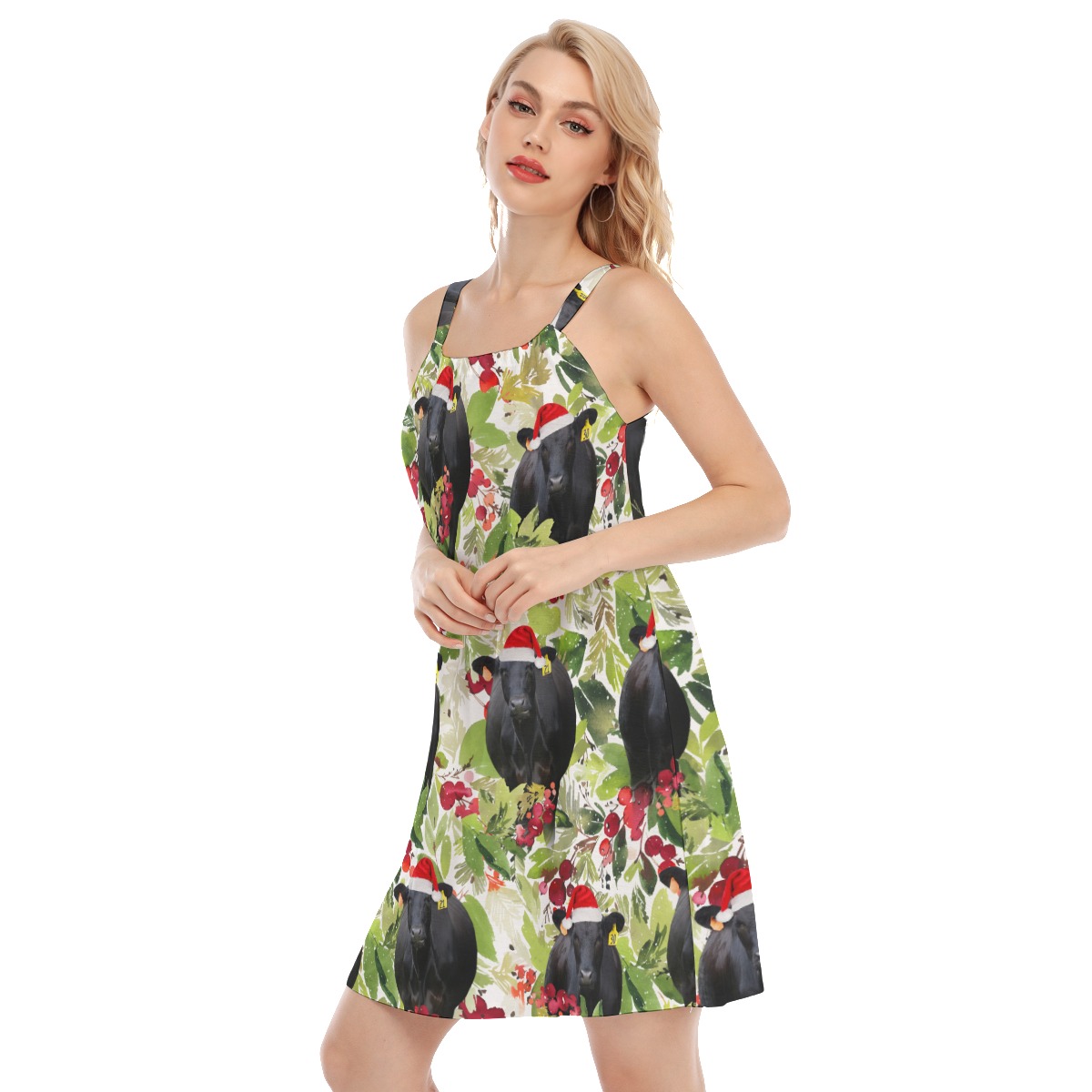 Tropical Christmas Black Cow Hawaiian Cami Dress For Women