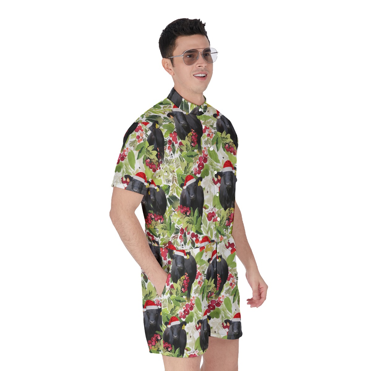 Funny Christmas Black Cow Tropical Hawaiian Romper For Men