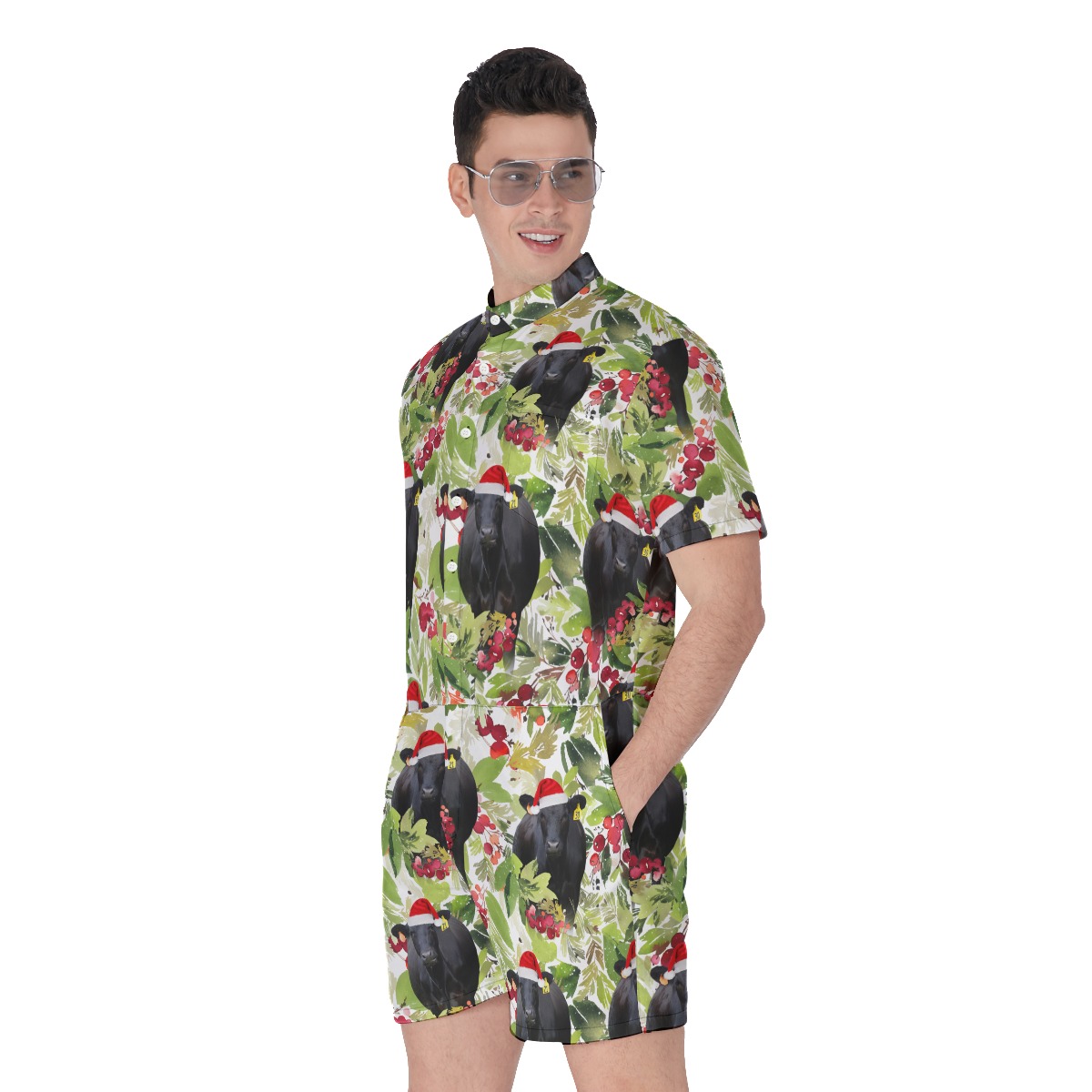 Funny Christmas Black Cow Tropical Hawaiian Romper For Men