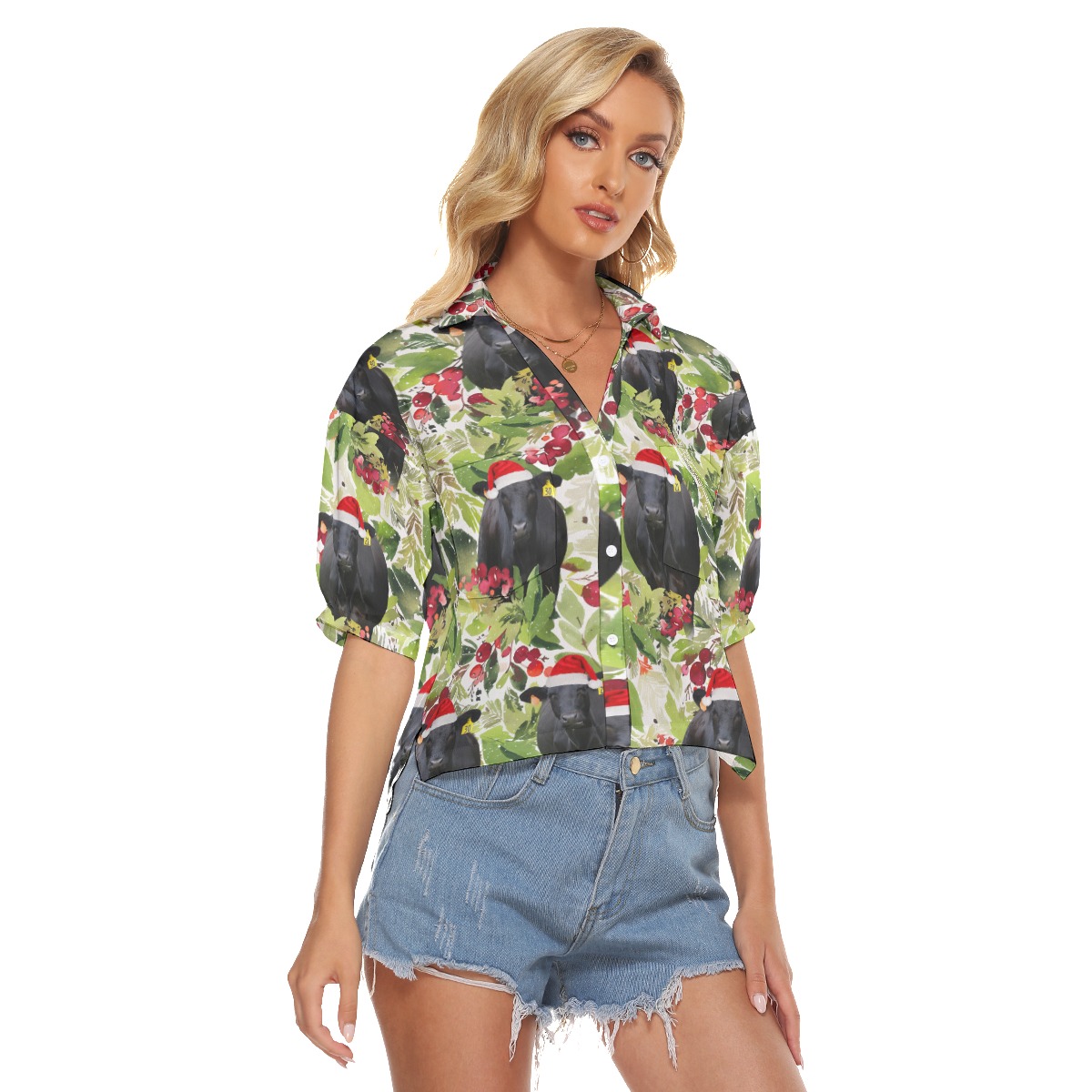 Tropical Christmas Black Cow Hawaiian Crop Top Shirt For Women