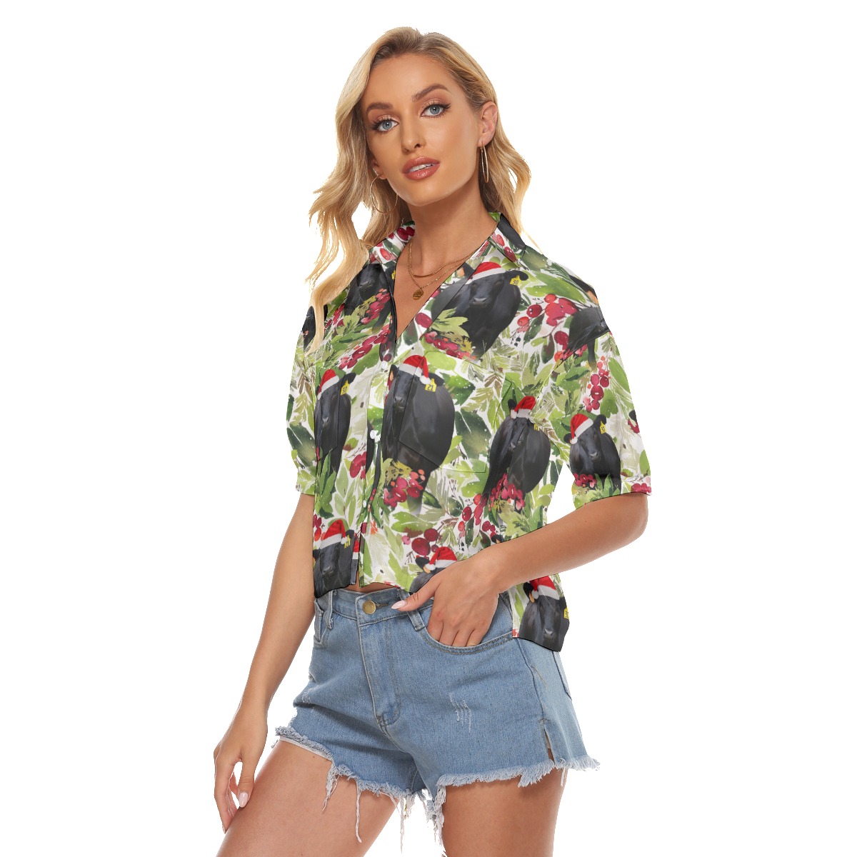 Tropical Christmas Black Cow Hawaiian Crop Top Shirt For Women