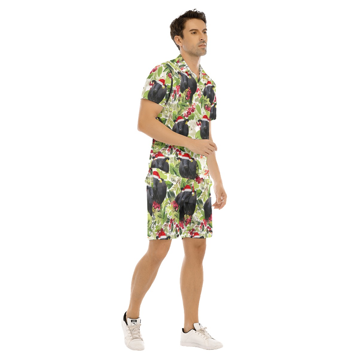 Funny Christmas Black Cow Tropical Hawaiian Shirt And Shorts For Men