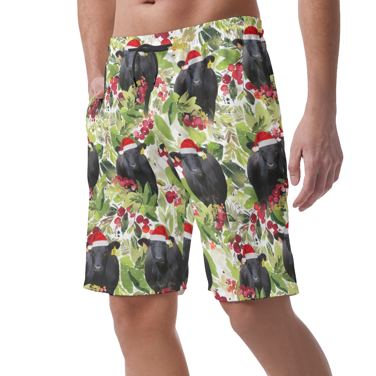 Funny Christmas Black Cow Tropical Hawaiian Beach Shorts For Men