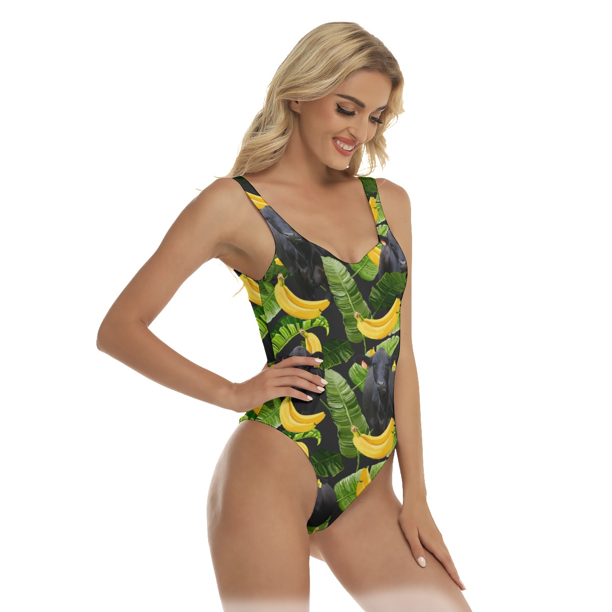 Tropical Banana Black Angus Cow Hawaiian Swimsuit For Women