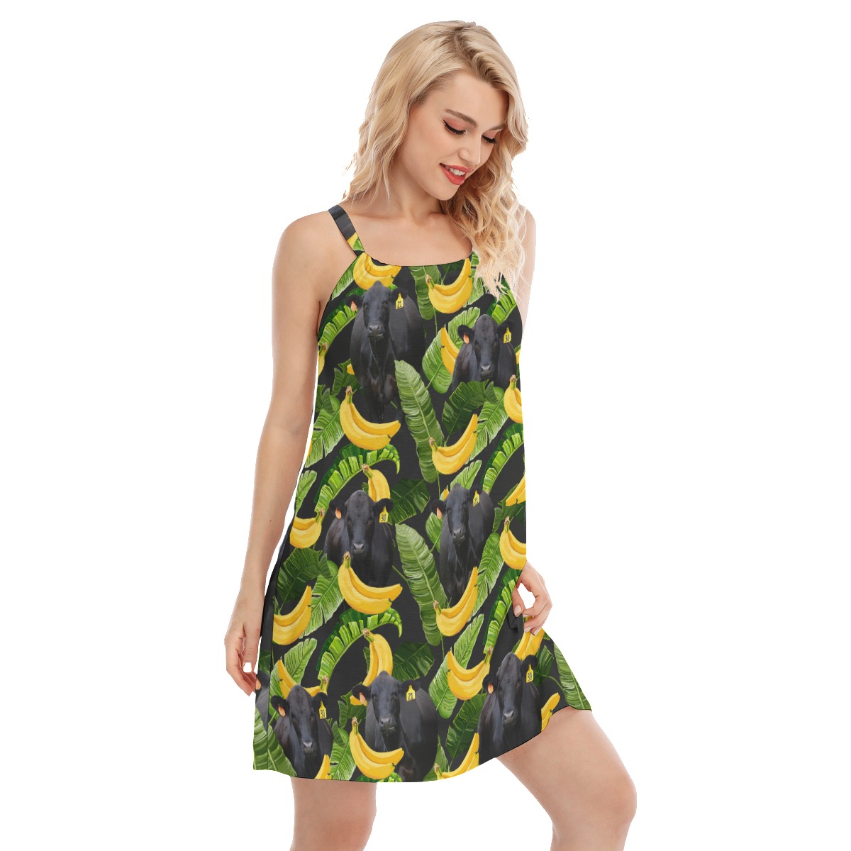 Tropical Banana Black Cow Hawaiian Cami Dress For Women