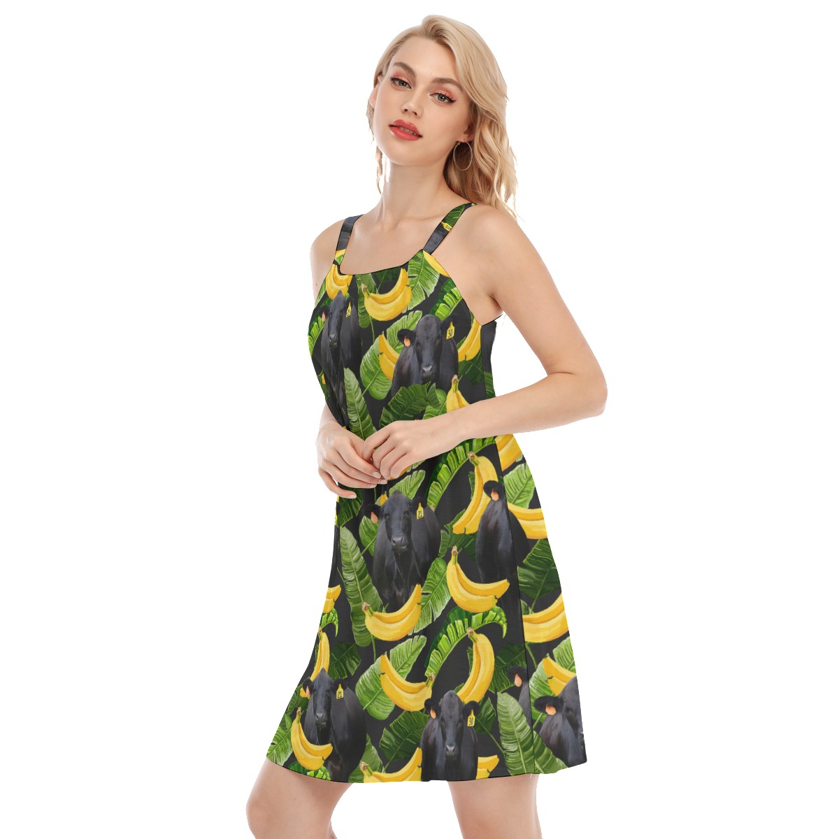 Tropical Banana Black Cow Hawaiian Cami Dress For Women