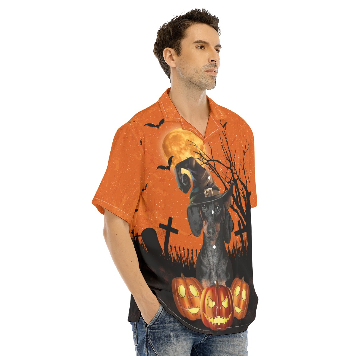 Dachshund Halloween Hawaiian Shirt Wearing Witches Hat