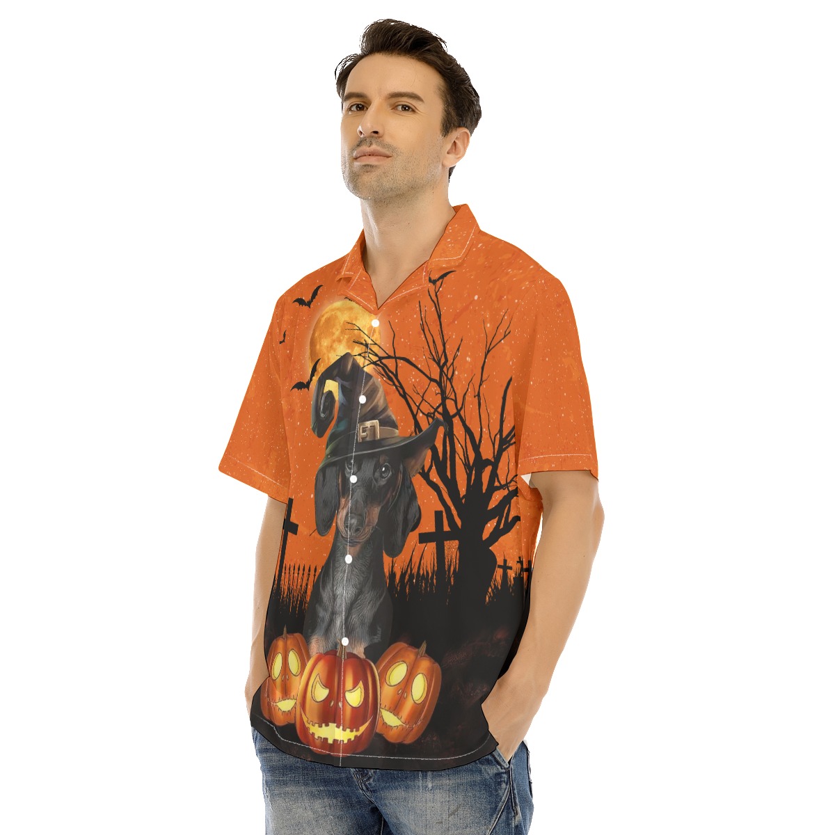 Dachshund Halloween Hawaiian Shirt Wearing Witches Hat