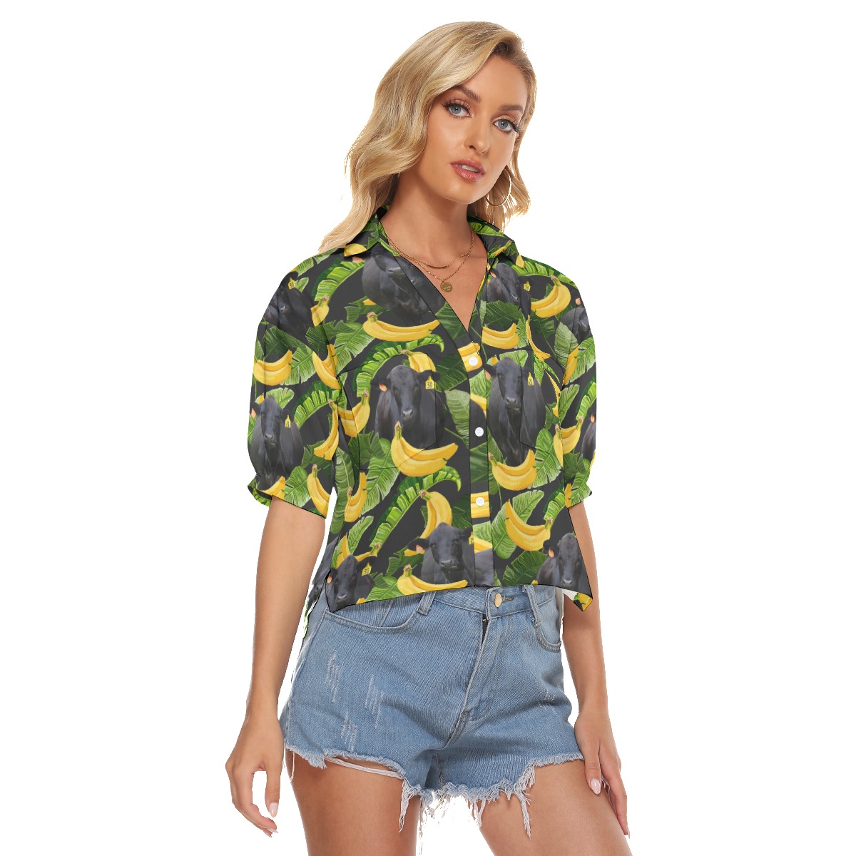 Tropical Banana Black Cow Hawaiian Crop Top Shirt For Women