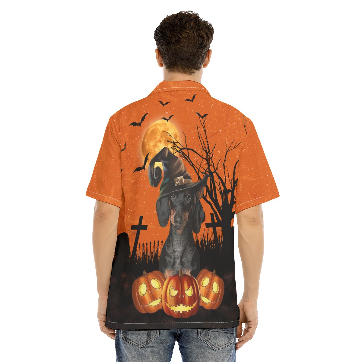 Dachshund Halloween Hawaiian Shirt Wearing Witches Hat