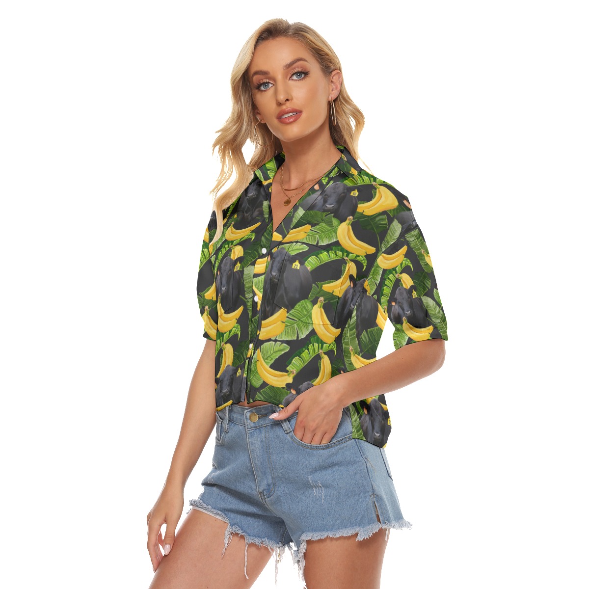 Tropical Banana Black Cow Hawaiian Crop Top Shirt For Women