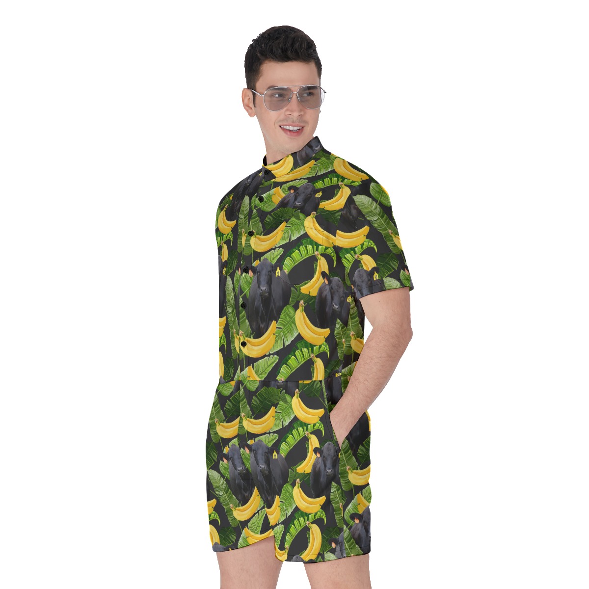Tropical Banana Black Angus Cow Hawaiian Romper