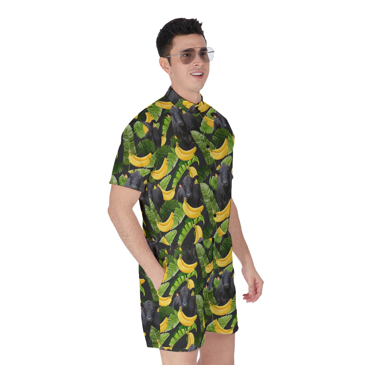Tropical Banana Black Angus Cow Hawaiian Romper