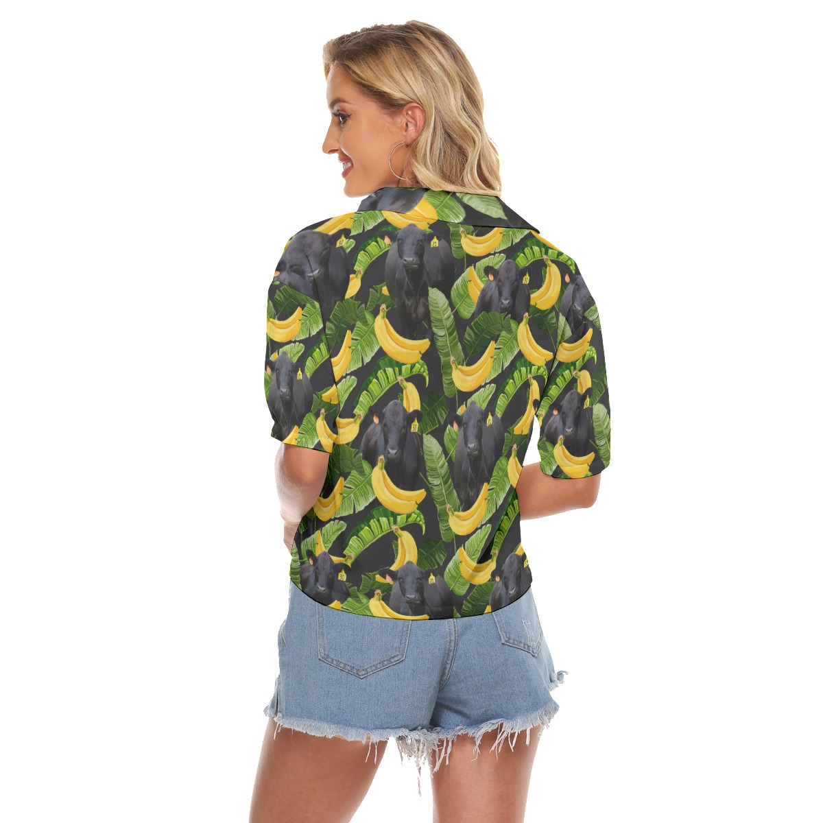 Tropical Banana Black Cow Hawaiian Crop Top Shirt For Women
