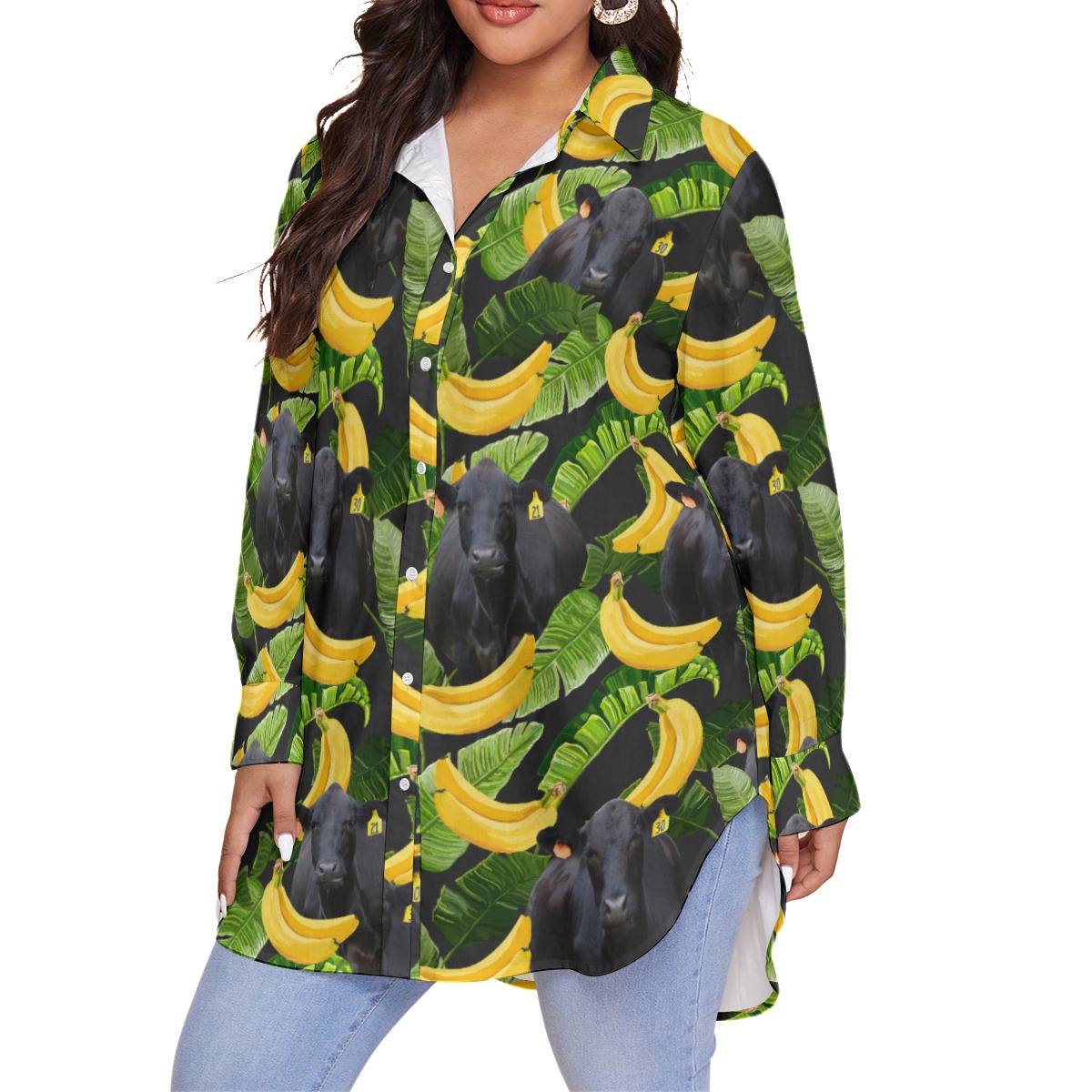 Black Angus Cow Tropical Banana Hawaiian Plus Size Shirt For Women