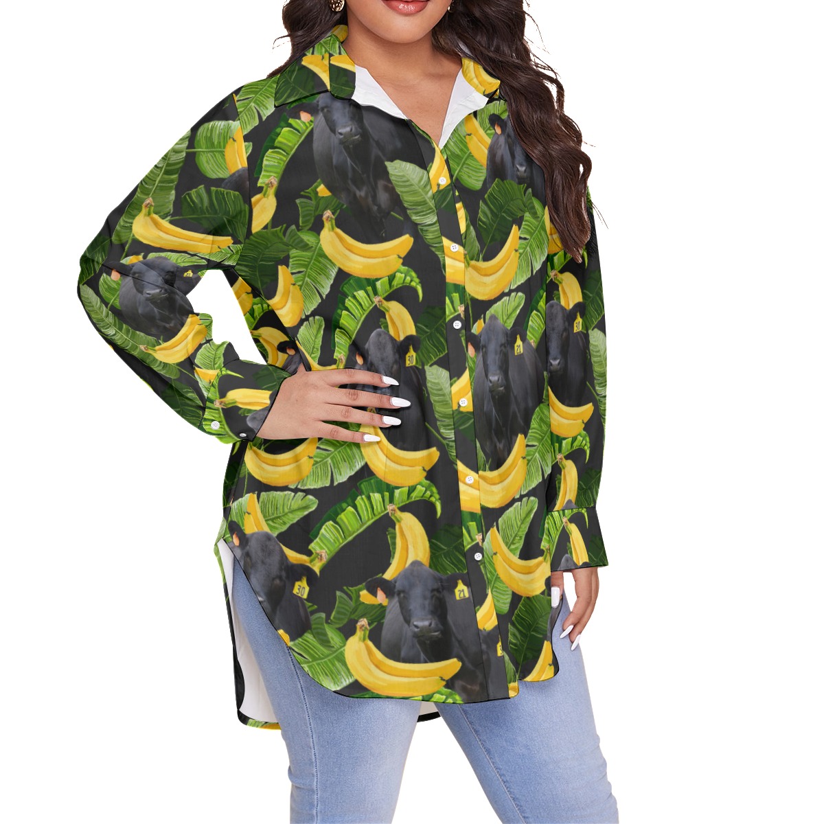 Black Angus Cow Tropical Banana Hawaiian Plus Size Shirt For Women