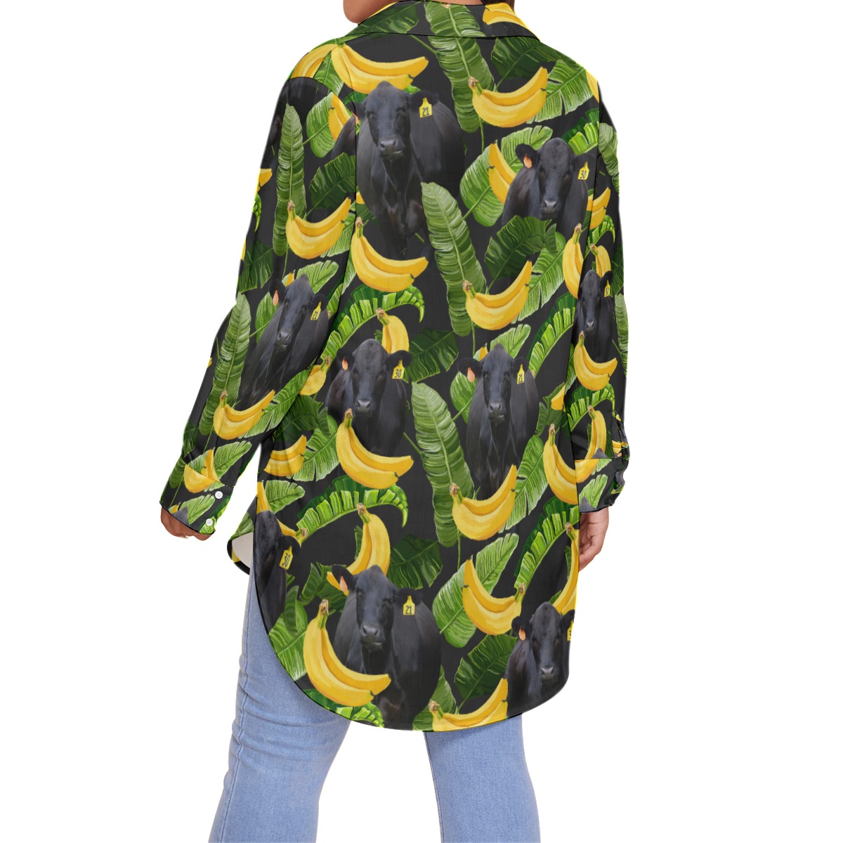 Black Angus Cow Tropical Banana Hawaiian Plus Size Shirt For Women
