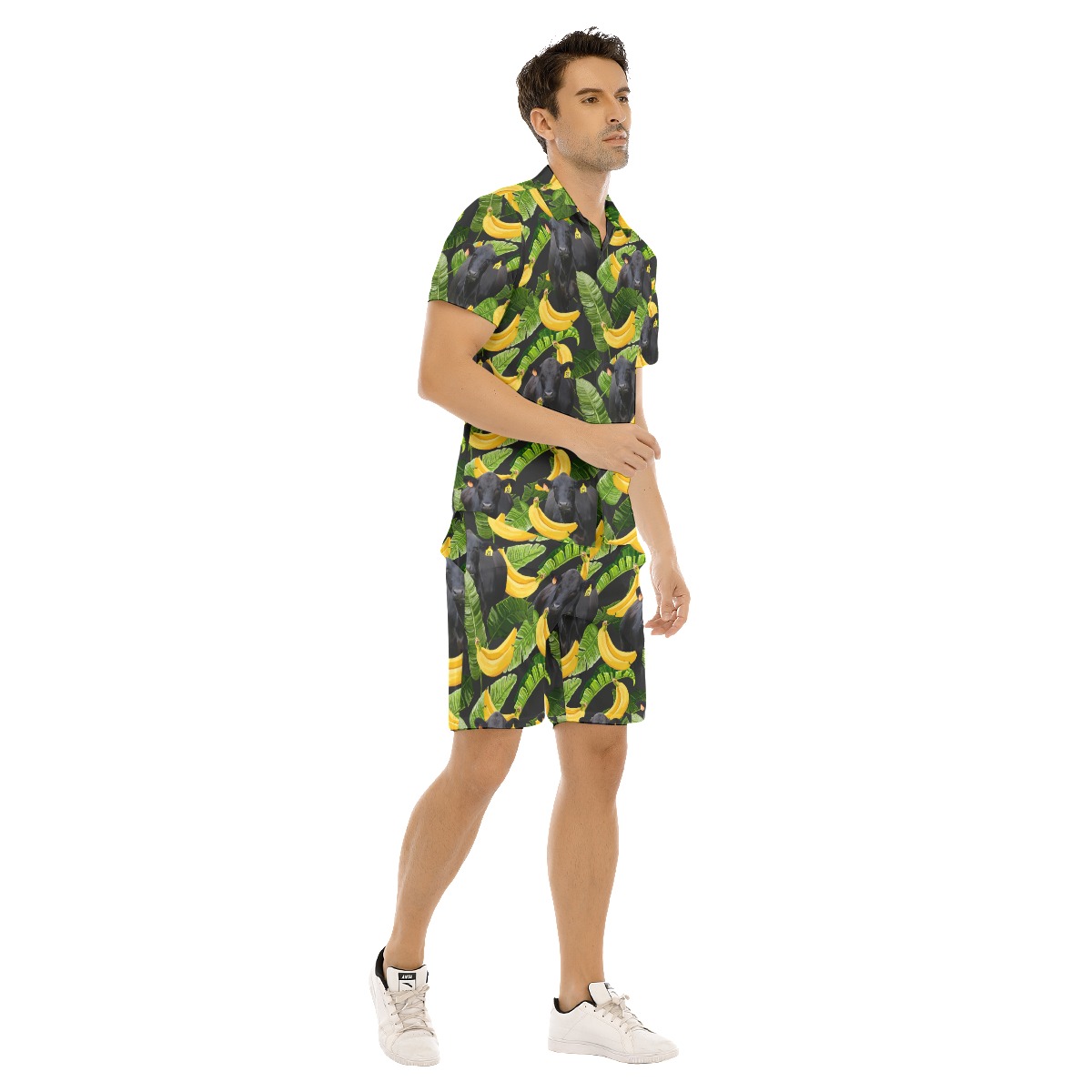 Tropical Banana Black Cow Hawaiian Shirt And Matching Shorts For Men