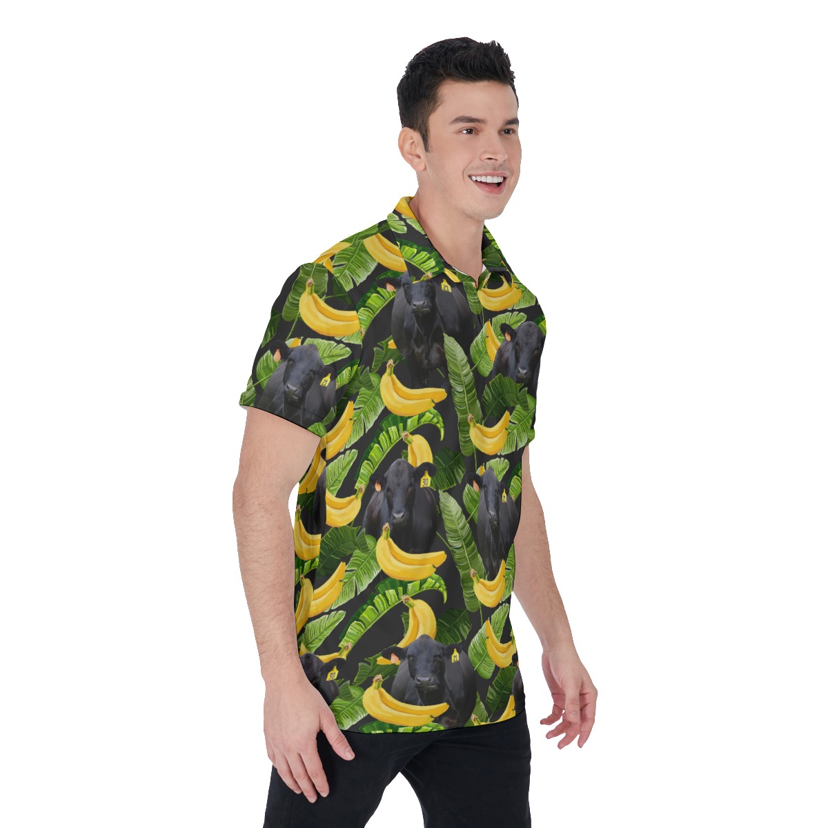 Black Angus Cow Tropical Banana Hawaiian Polo Shirt
