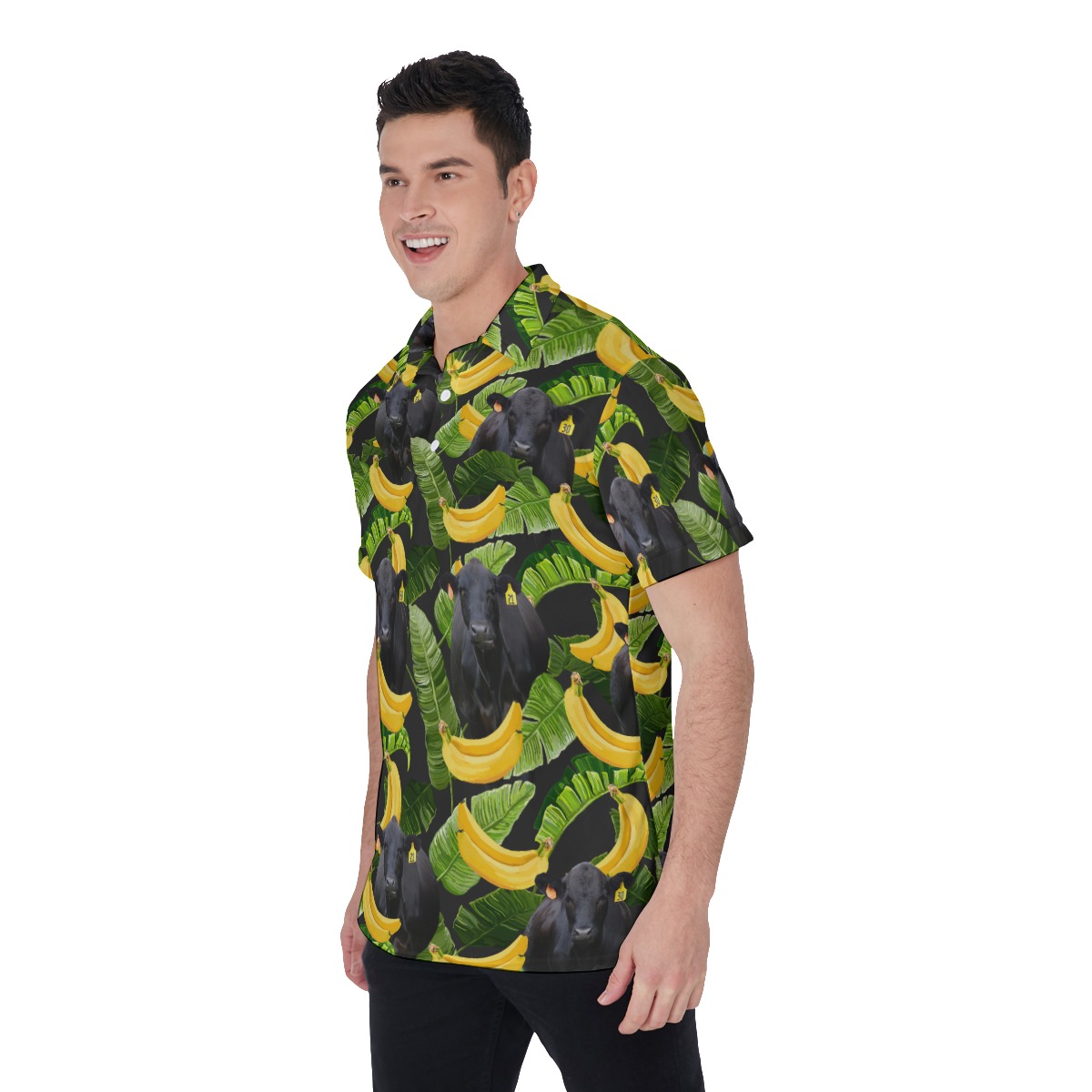 Black Angus Cow Tropical Banana Hawaiian Polo Shirt