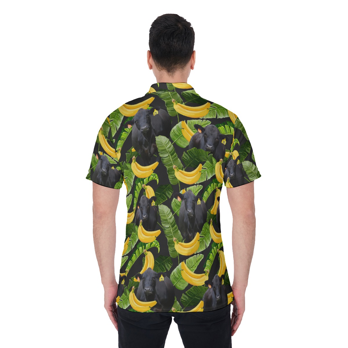 Black Angus Cow Tropical Banana Hawaiian Polo Shirt