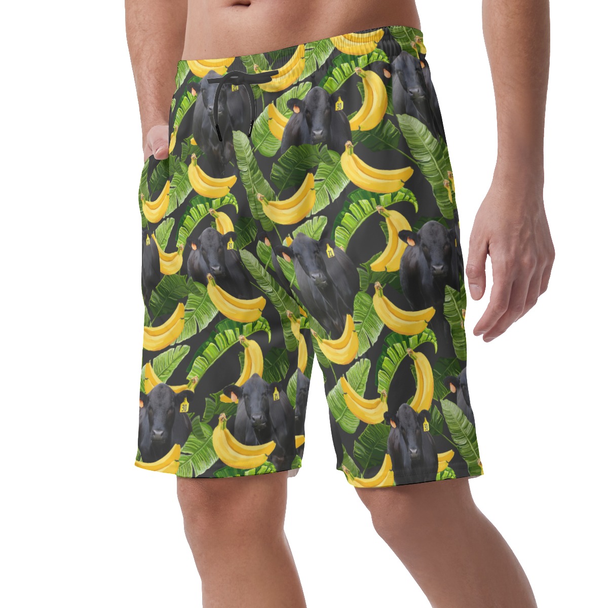 Tropical Banana Black Cow Hawaiian Beach Shorts For Men