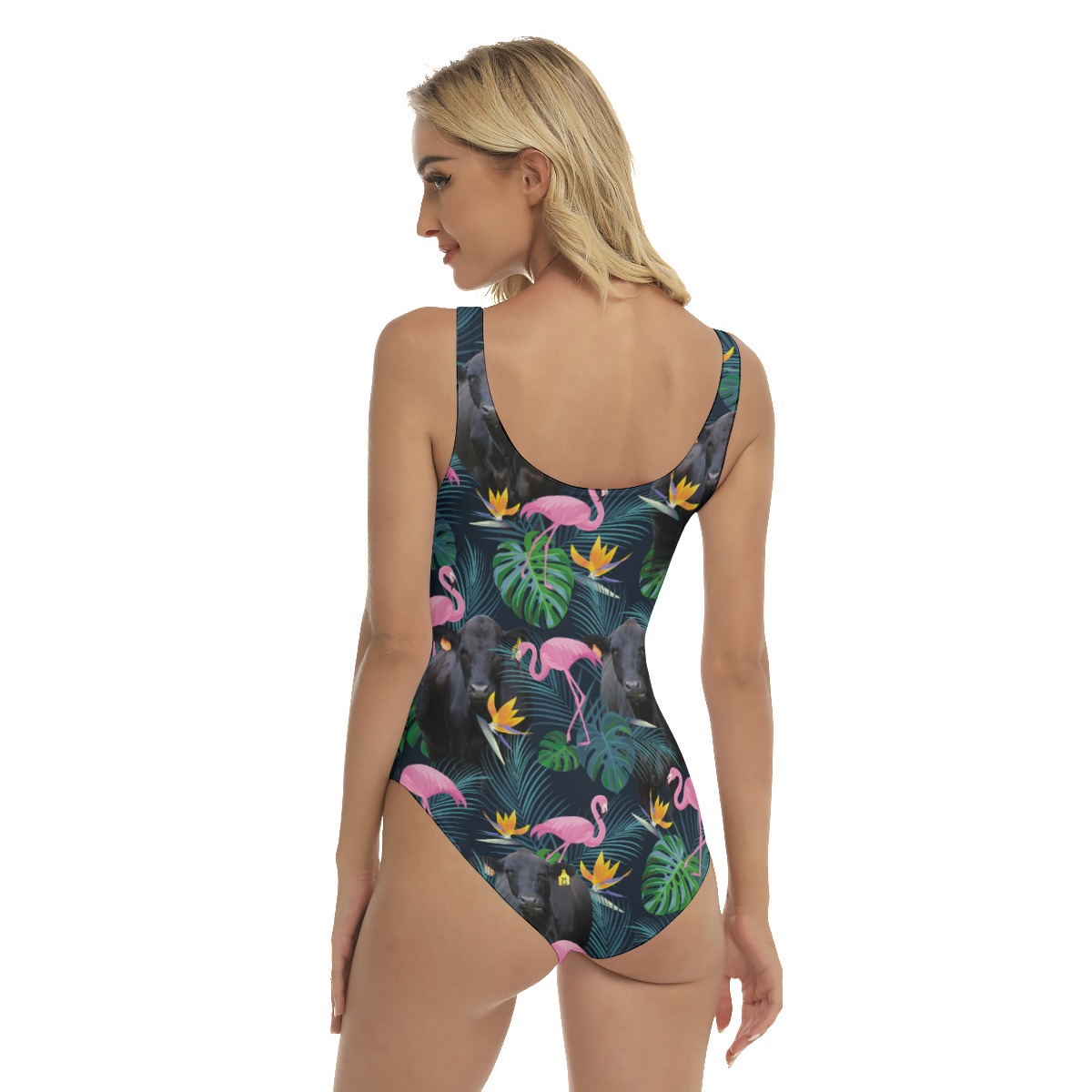 Tropical Flamingo Black Cow Hawaiian Swimsuit For Women