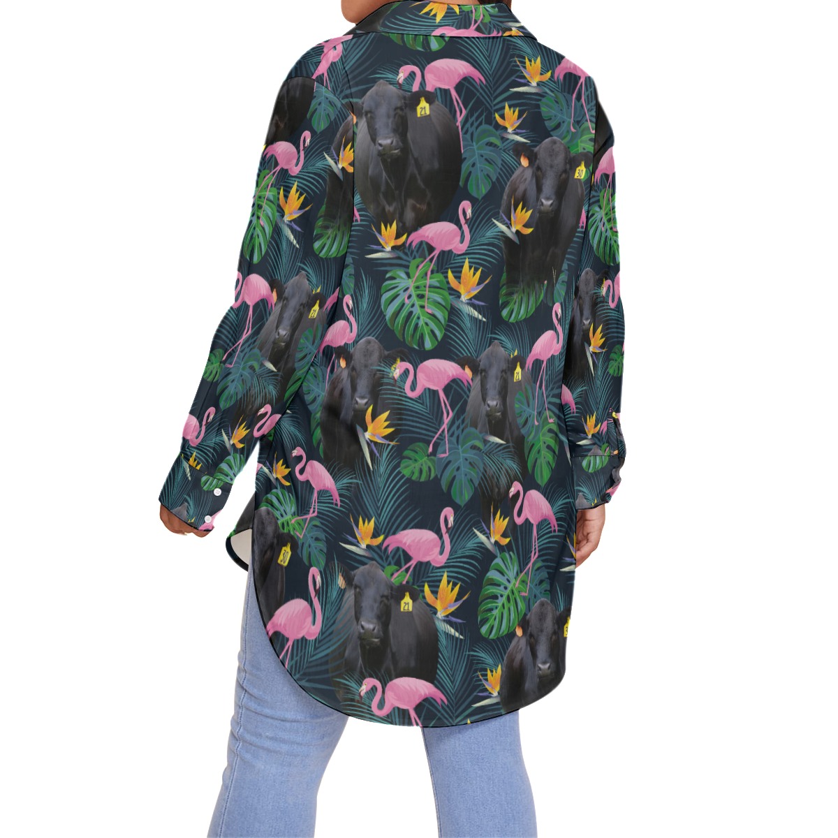 Tropical Flamingo Black Cow Hawaiian Plus Size Shirt For Women