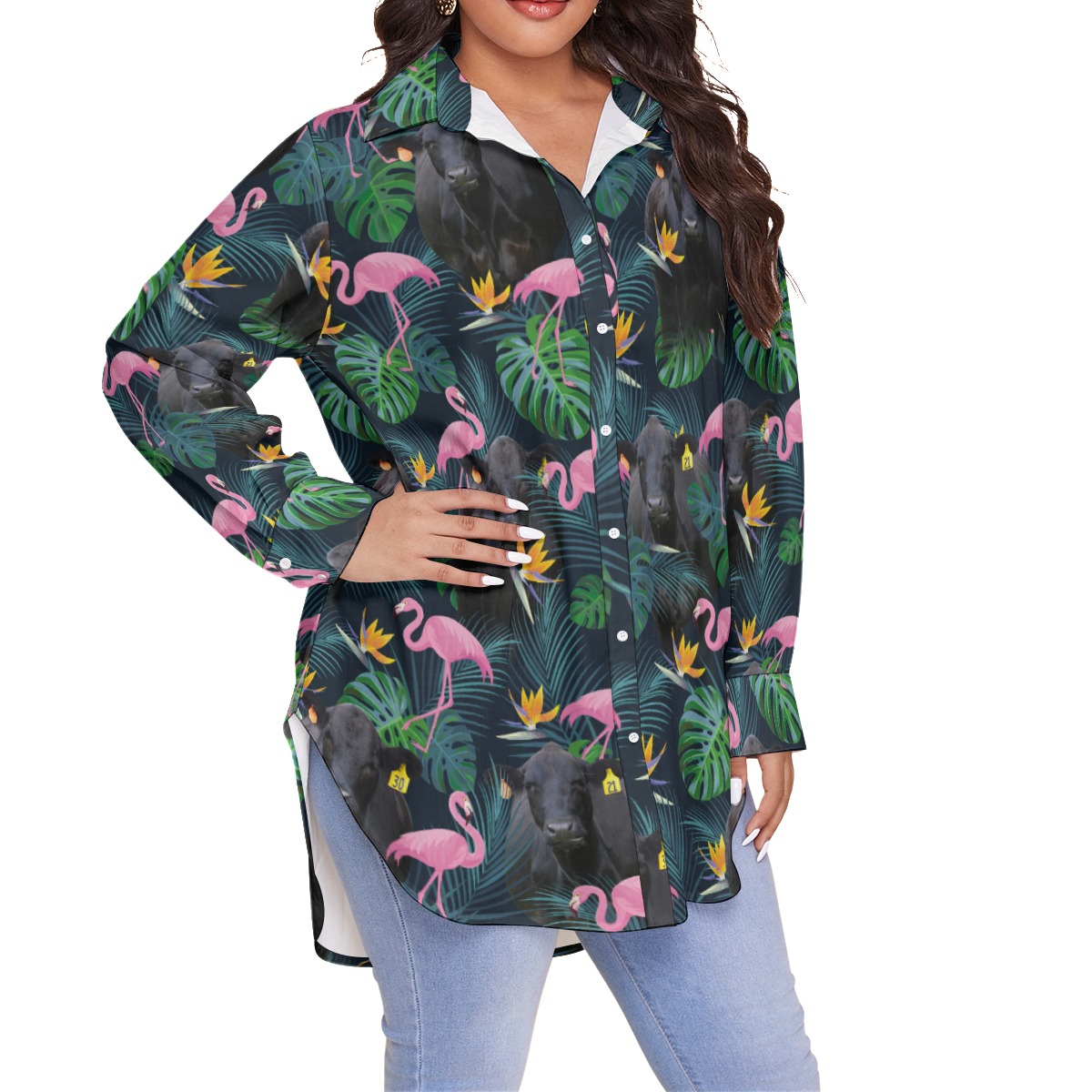 Tropical Flamingo Black Cow Hawaiian Plus Size Shirt For Women