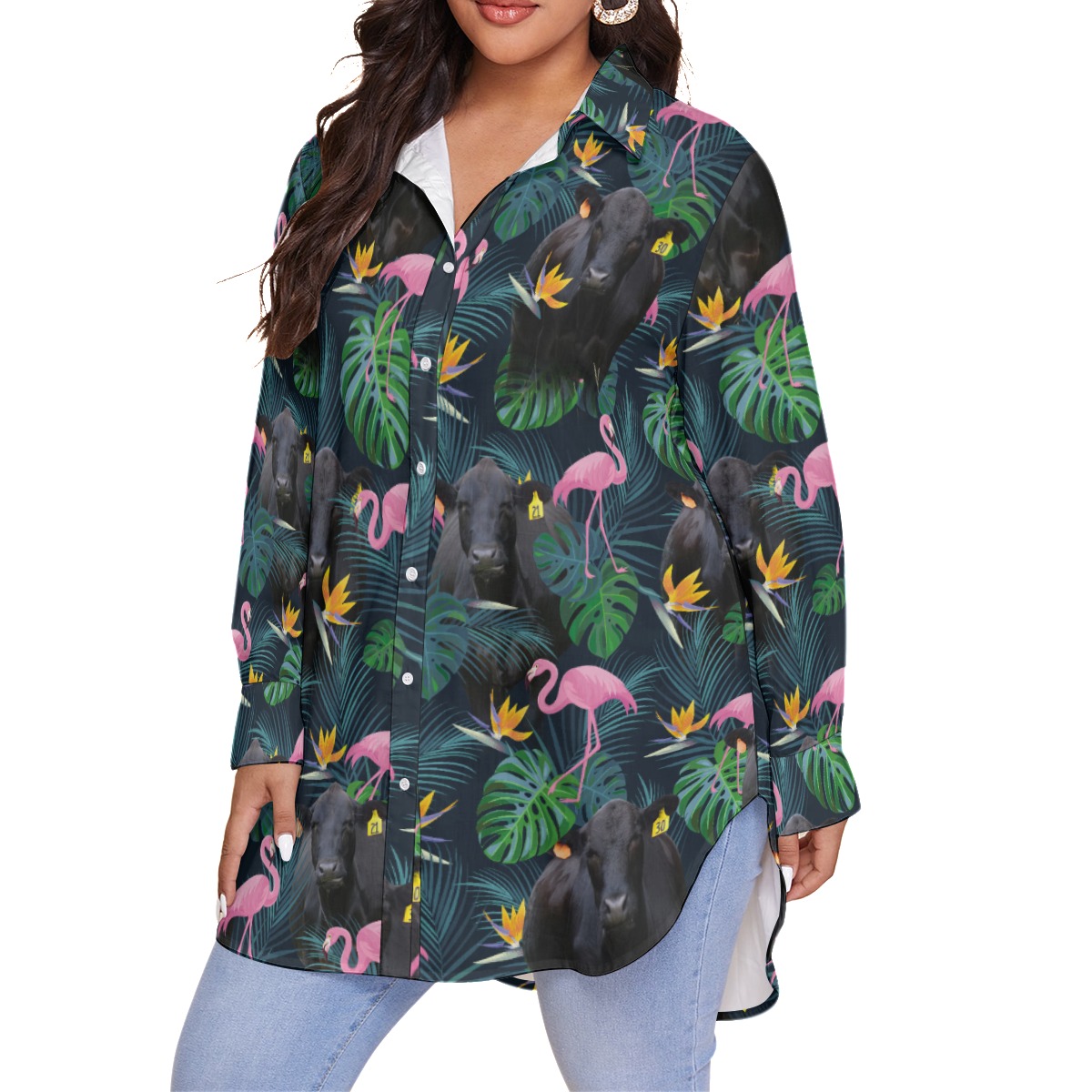 Tropical Flamingo Black Cow Hawaiian Plus Size Shirt For Women