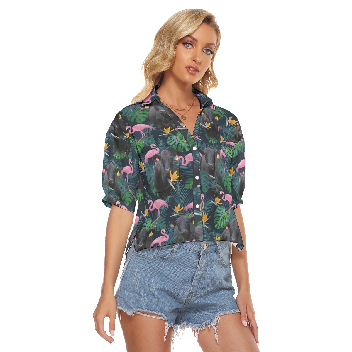 Black Angus Cow Tropical Flamingo Hawaiian Cropped Shirt For Women