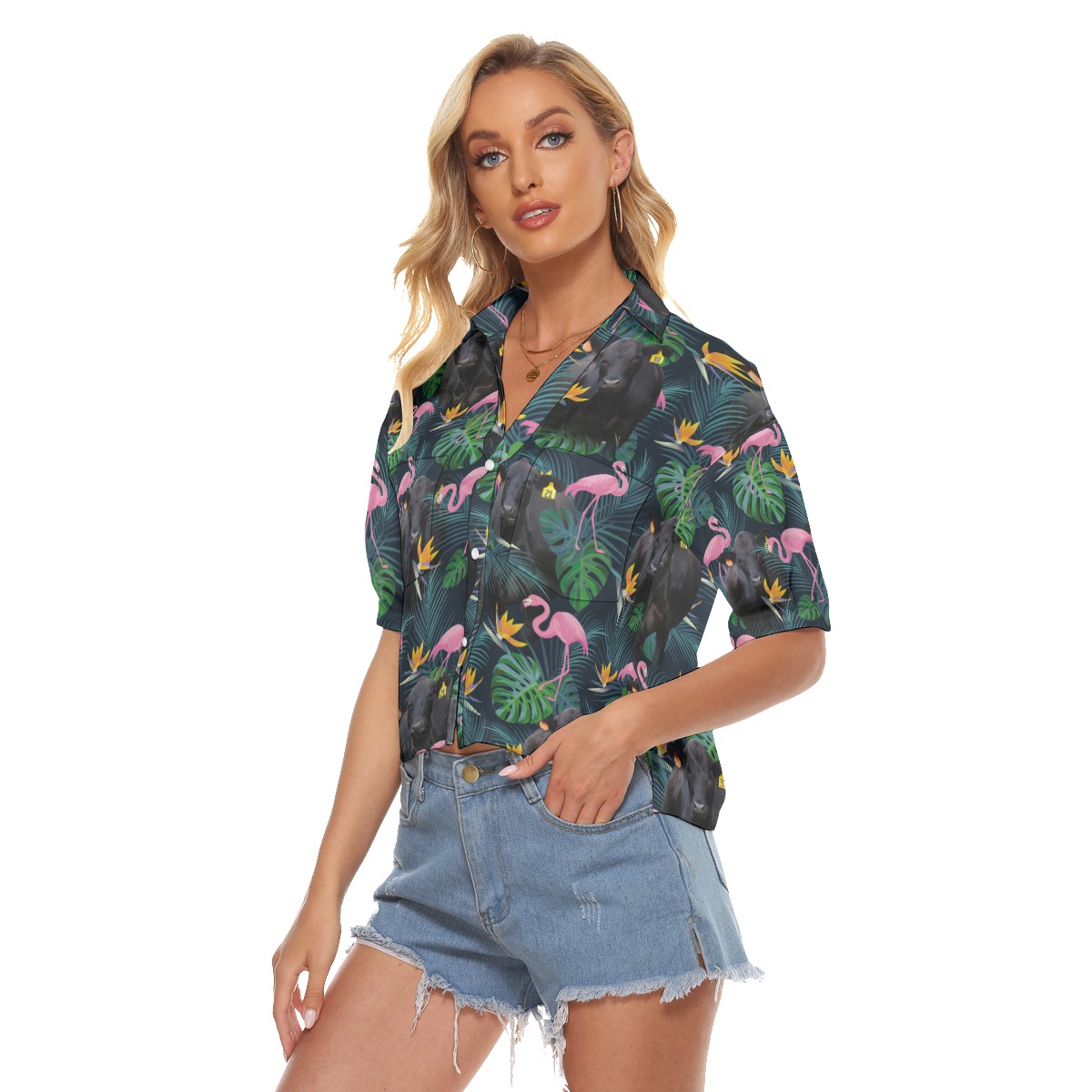 Black Angus Cow Tropical Flamingo Hawaiian Cropped Shirt For Women