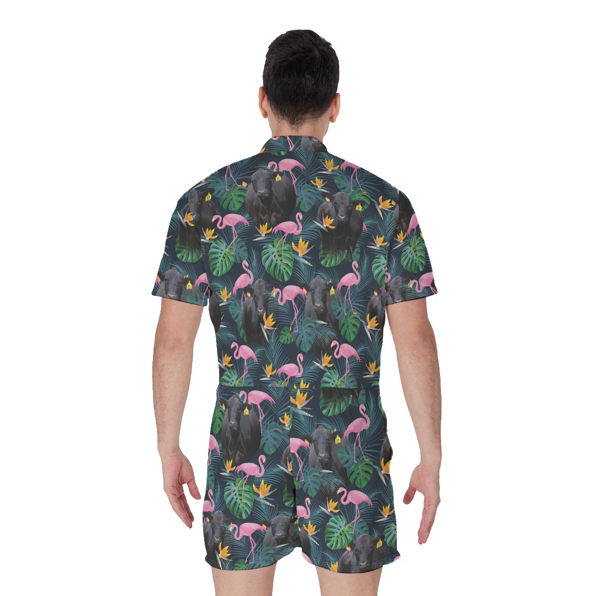 Black Angus Cow Tropical Flamingo Hawaiian Romper For Men