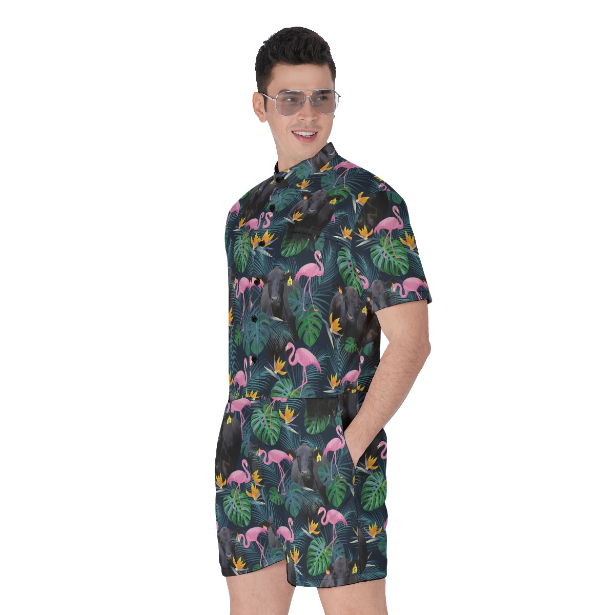 Black Angus Cow Tropical Flamingo Hawaiian Romper For Men