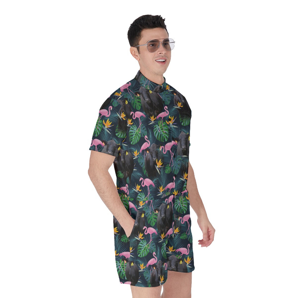 Black Angus Cow Tropical Flamingo Hawaiian Romper For Men