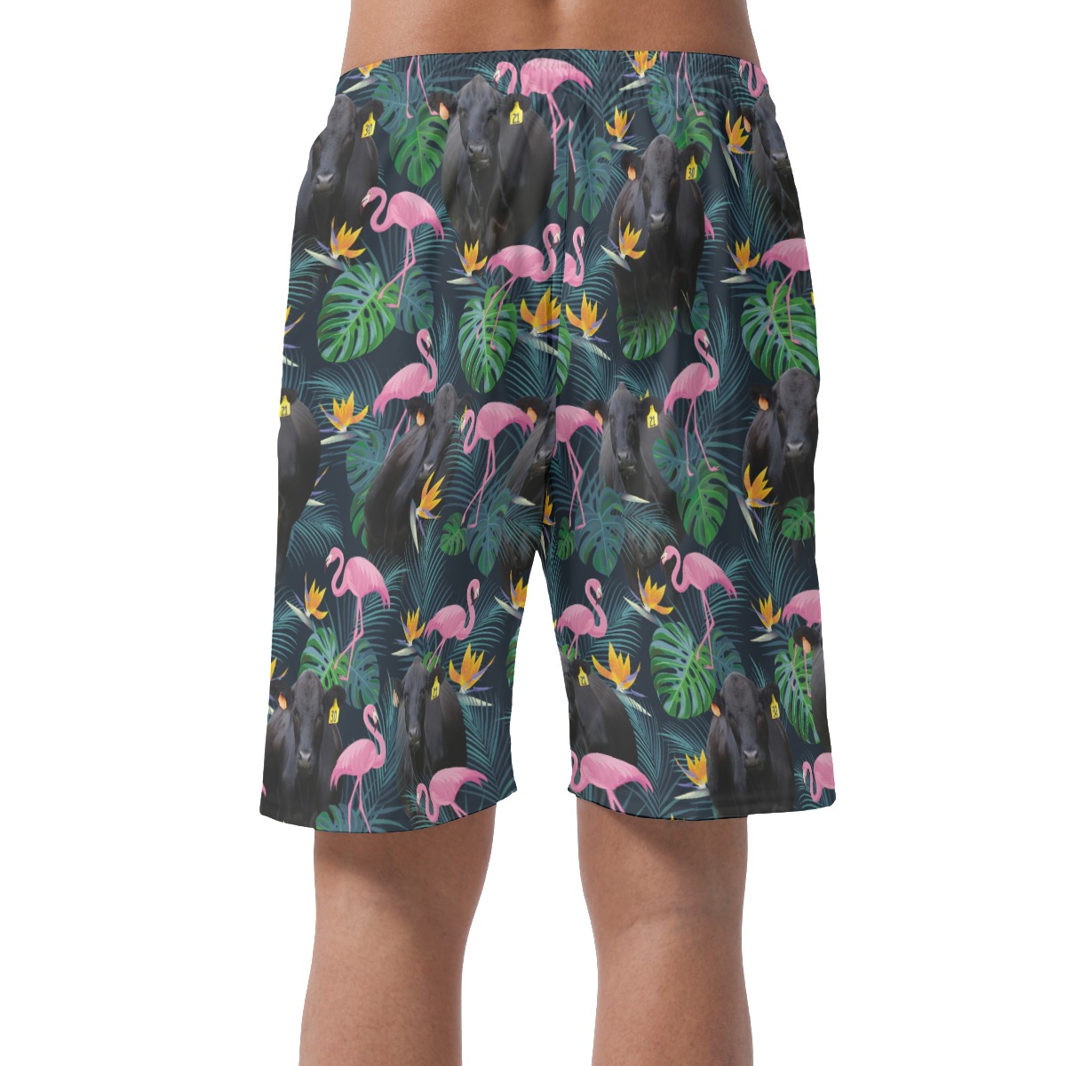 Tropical Flamingo Black Cow Hawaiian Beach Shorts For Men