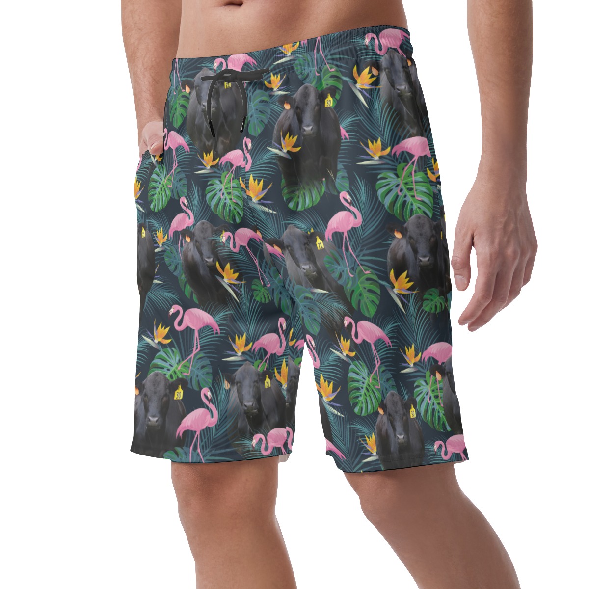 Tropical Flamingo Black Cow Hawaiian Beach Shorts For Men