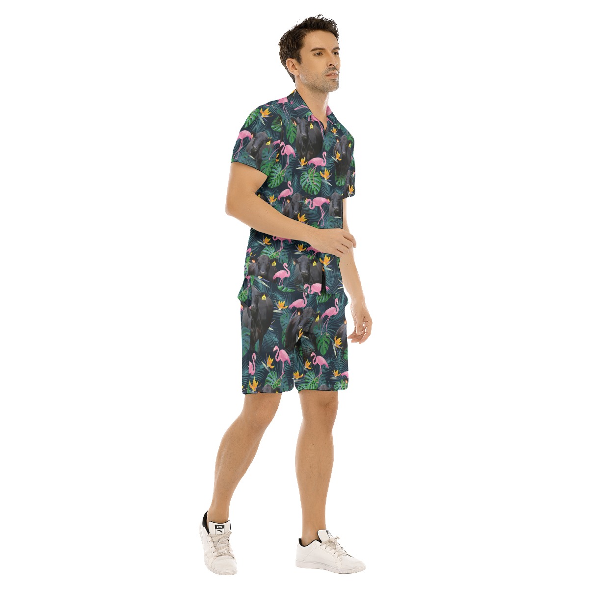 Flamingo Tropical Black Cow Hawaiian Shirt And Matching Shorts For Men