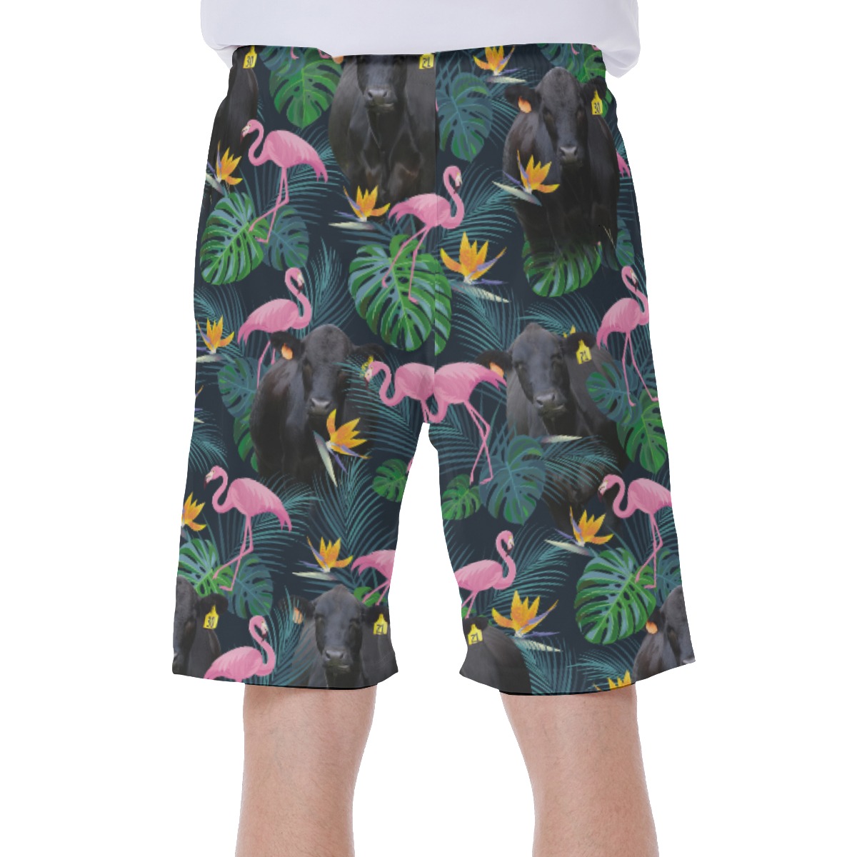 Tropical Flamingo Black Cow Hawaiian Swim Trunks For Men