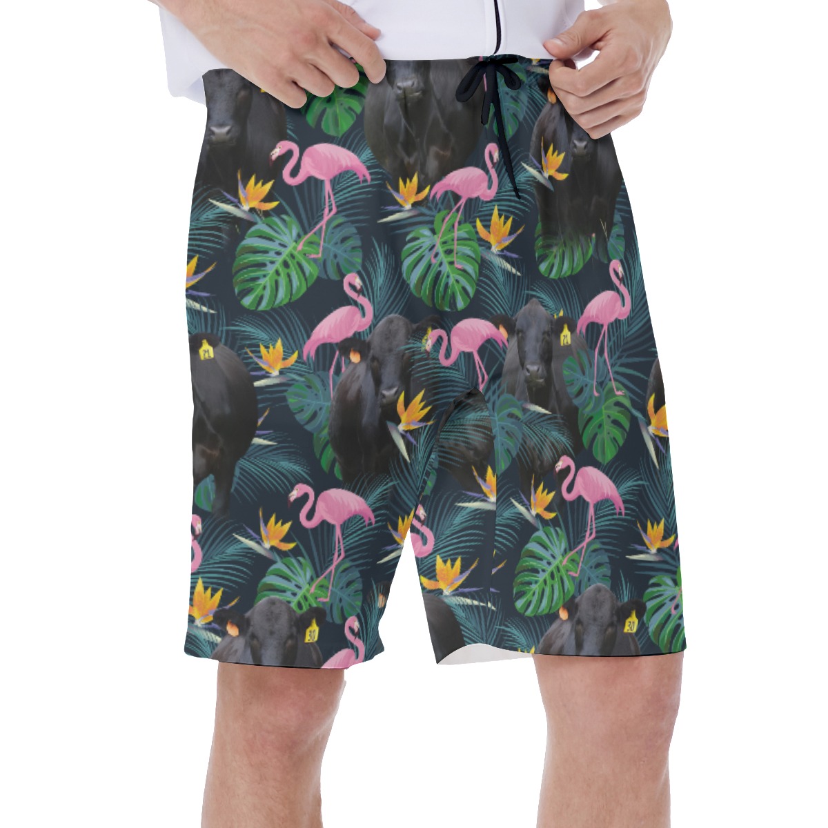 Tropical Flamingo Black Cow Hawaiian Swim Trunks For Men