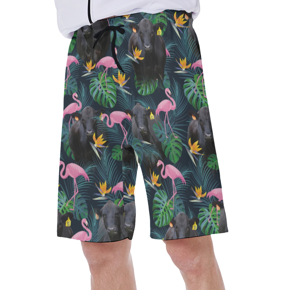 Tropical Flamingo Black Cow Hawaiian Swim Trunks For Men