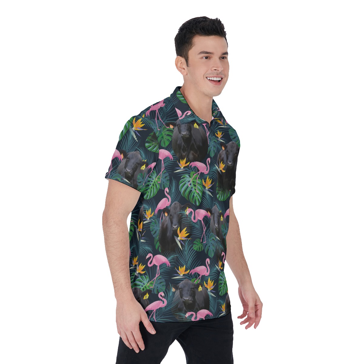 Black Angus Cow Tropical Flamingo Hawaiian Polo Shirt